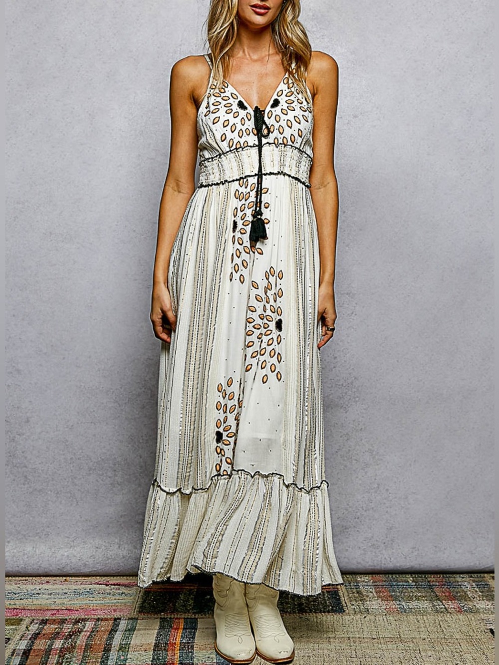 Deep V-Neck Tassel Ruffle Embroidered
Trim Maxi Dress - Picture 3 of 6
